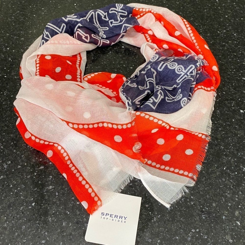 NWT Sperry Nautical Scarf fringe Americana Boating Patriotic July 4th Anchors